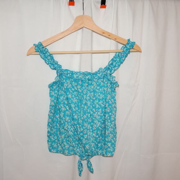 SO Cropped Top Light Blue Floral Size Tie Front otton Soft Ruffle Sleeves - Picture 1 of 11